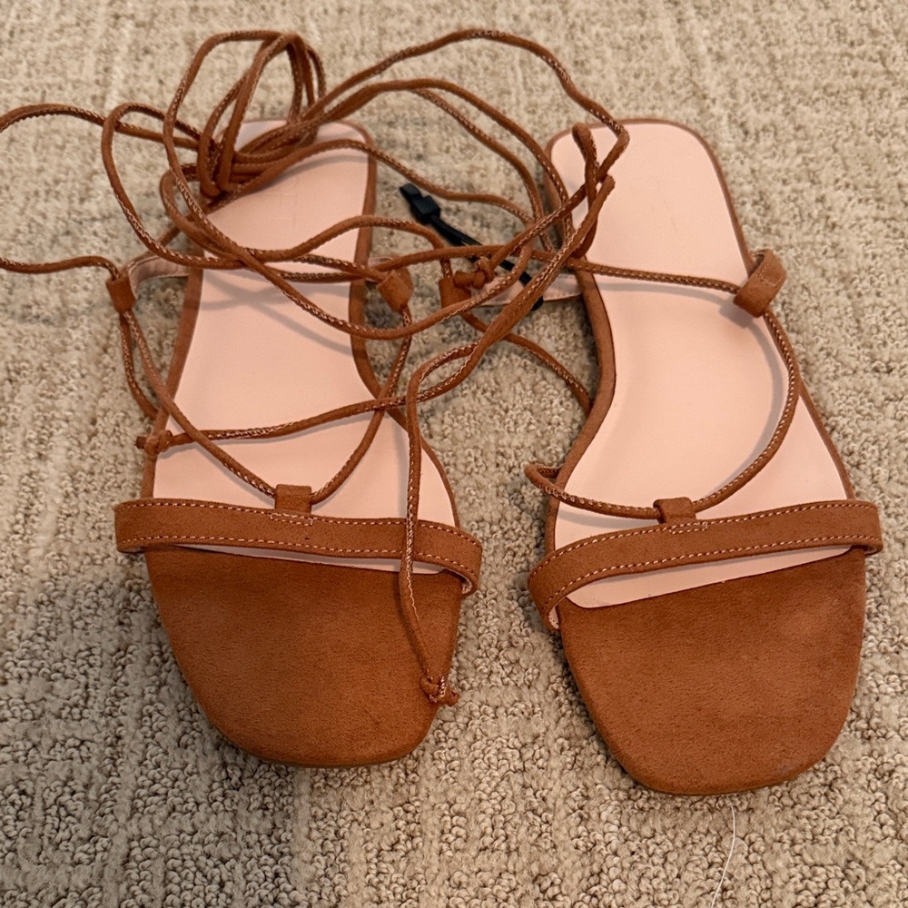 LOFT Tan Lace-Up Square Toe Sandals